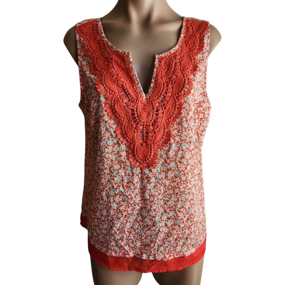 Stitch Fix Skies are Blue Boho Top Coral Or Floral Crochet V neck Line Size XLP
